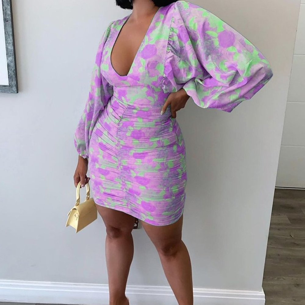 Floral Pattern Print Lantern Sleeve Ruched Bodycon
